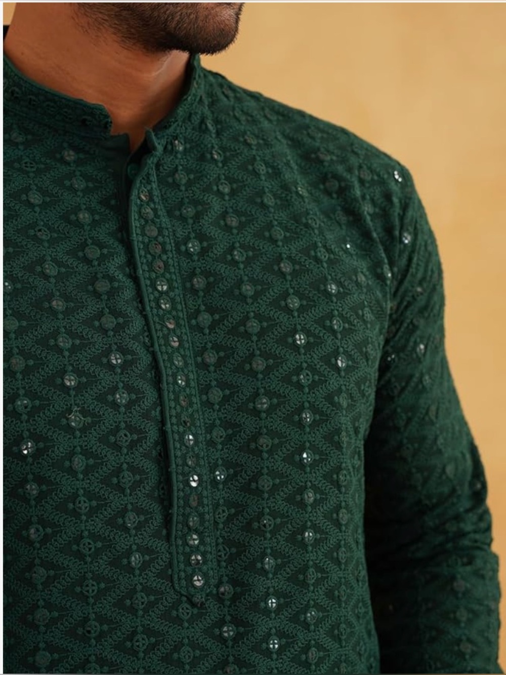 Men's Dark Green Embroidered Kurta sequined - Classic Festive Wear - Picture 3 of 8